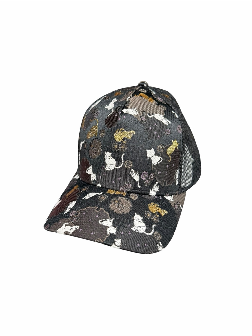 Black Mesh Trucker Hat/Snapback/Repeating Cat Pattern/Gold Accents/Textured